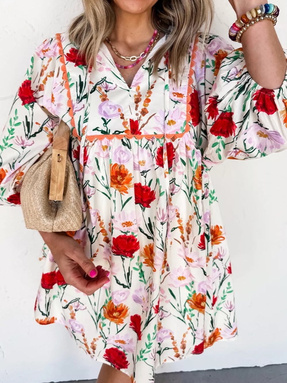 Mod Boutique Cream Floral V-Neck Mini Dress with Red & Orange Blooms NWT